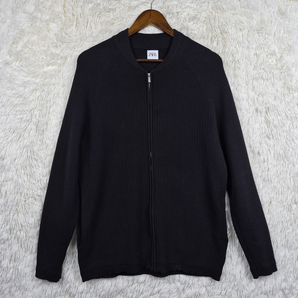 Zara Men Black Waffle Knit Full Zip Cardigan Sweater Bomber Style Large